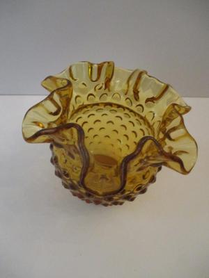 Vintage Fenton Glass Amber Hobnail Rose Bowl Vase Crimped Ruffle Edge