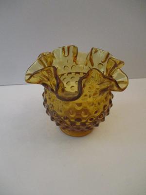 Vintage Fenton Glass Amber Hobnail Rose Bowl Vase Crimped Ruffle Edge
