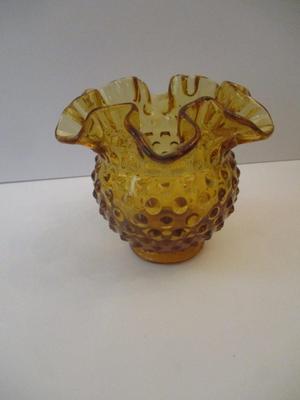 Vintage Fenton Glass Amber Hobnail Rose Bowl Vase Crimped Ruffle Edge