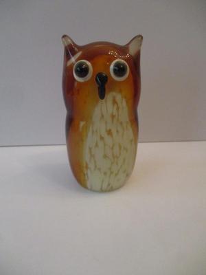 5" Tall Murano Style Amber White Art Glass Owl