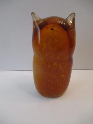5" Tall Murano Style Amber White Art Glass Owl