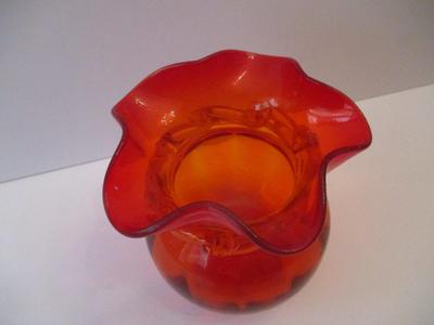 Hand Blown Glass Ruby Red Apporx 6 1/4" Vase With Ruffled Rims