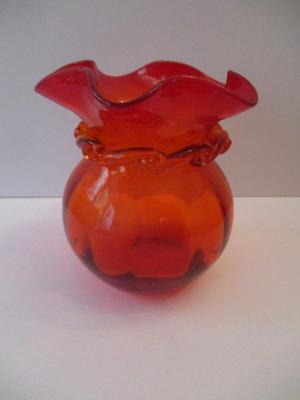 Hand Blown Glass Ruby Red Apporx 6 1/4" Vase With Ruffled Rims