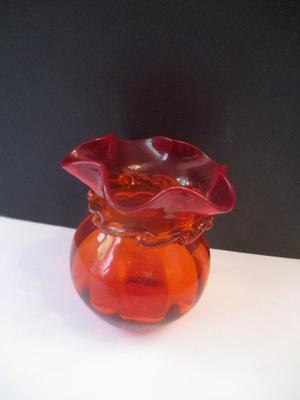 Hand Blown Glass Ruby Red Apporx 6 1/4" Vase With Ruffled Rims