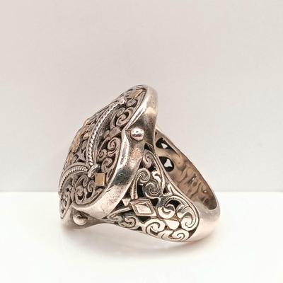 LOT 2: Midas 925 Designer Ring with 14K Accents, Sterling Heart Earrings & 925 Italy Sterling Chain and Slide Pendant with Lapis...