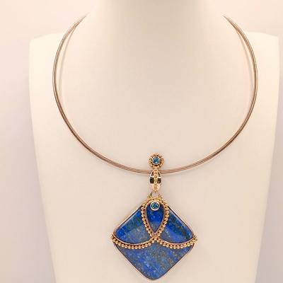 LOT 9: Lapis and Blue Topaz Pendant Set in 925 Sterling 29.8gtw on a 925 Sterling Choker 9.7g