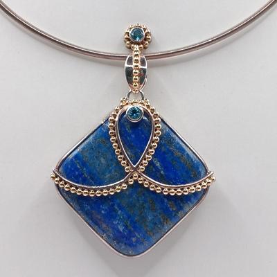 LOT 9: Lapis and Blue Topaz Pendant Set in 925 Sterling 29.8gtw on a 925 Sterling Choker 9.7g