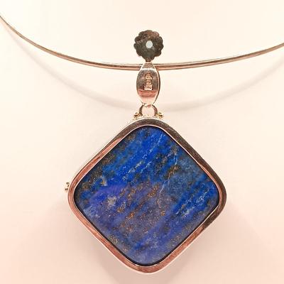 LOT 9: Lapis and Blue Topaz Pendant Set in 925 Sterling 29.8gtw on a 925 Sterling Choker 9.7g