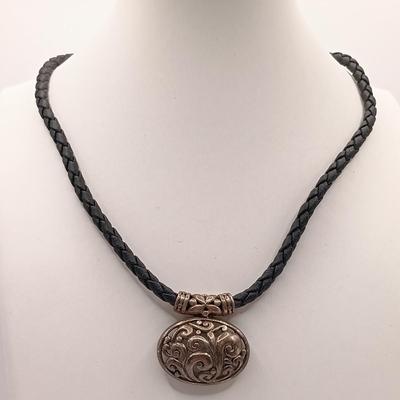 LOT 13: JCM 925 Sterling Mauritius Puffy Heart Necklace, 925 Sterling Pendant on Leather Cord with 925 Clasp & Mexico Silver-Tone...