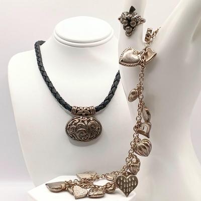 LOT 13: JCM 925 Sterling Mauritius Puffy Heart Necklace, 925 Sterling Pendant on Leather Cord with 925 Clasp & Mexico Silver-Tone...