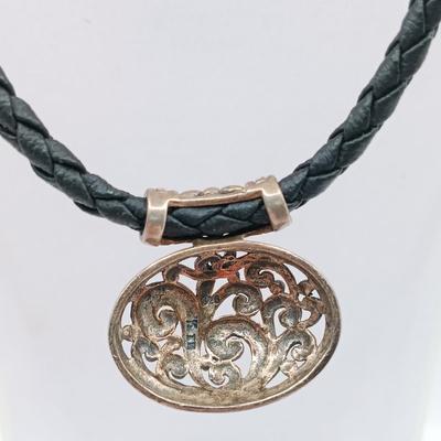 LOT 13: JCM 925 Sterling Mauritius Puffy Heart Necklace, 925 Sterling Pendant on Leather Cord with 925 Clasp & Mexico Silver-Tone...