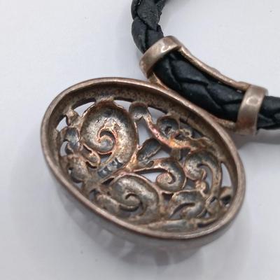 LOT 13: JCM 925 Sterling Mauritius Puffy Heart Necklace, 925 Sterling Pendant on Leather Cord with 925 Clasp & Mexico Silver-Tone...