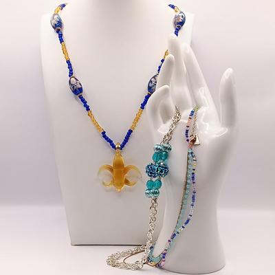 LOT 15: Vintage Hand-Painted Fleur-de-lis Glass Bead Necklace, Seŕefina 3-Strand Necklace & More