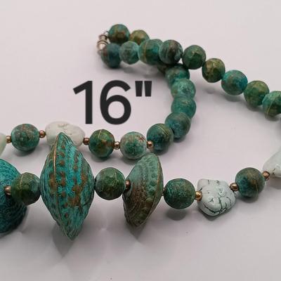 LOT 16: Oxidized Copper and Stone Necklace, Multi-Strand Turquoise Bead Necklace, Silk Thread Wrapped Bangles & More