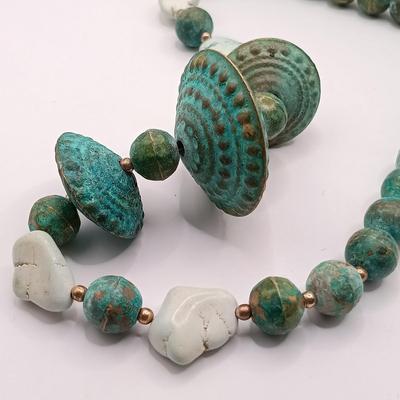 LOT 16: Oxidized Copper and Stone Necklace, Multi-Strand Turquoise Bead Necklace, Silk Thread Wrapped Bangles & More