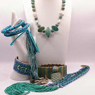 LOT 16: Oxidized Copper and Stone Necklace, Multi-Strand Turquoise Bead Necklace, Silk Thread Wrapped Bangles & More