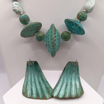 LOT 16: Oxidized Copper and Stone Necklace, Multi-Strand Turquoise Bead Necklace, Silk Thread Wrapped Bangles & More