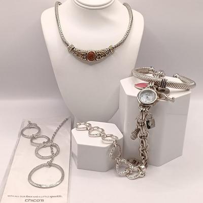 LOT 17: Silver-Tone Necklace with Garnet-Tone Stone, Chicos Circle Necklace, Style & Co Watch & More