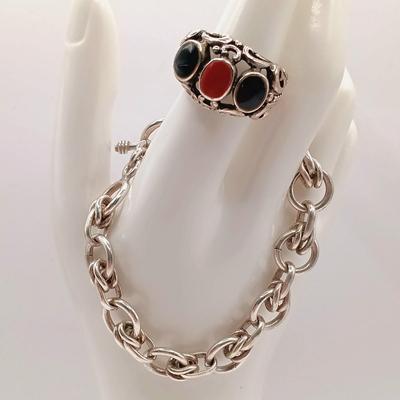 LOT 18: Vintage 925 Sterling Ring 10.4g Sz 6.5 with 925 Sterling Bracelet 27.6g