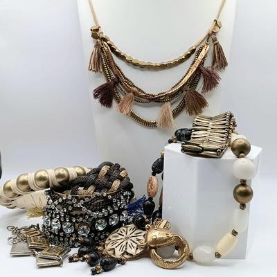 LOT 19: Alva Studios Museum Reproductions Catfish Brooch, Stone and Metal Bead Necklace, Anthropologie Tassel Necklace & More