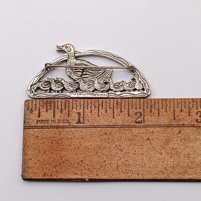 LOT 21: H&H Sterling deMatteo Duck Brooch 14.4g & Vintage 925 Sterling Ring with Enamel Overlay and Smokey Quartz Stone 9.3g Sz 7