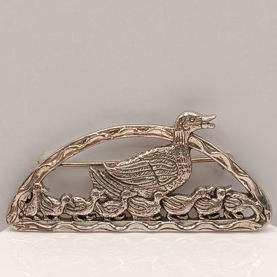 LOT 21: H&H Sterling deMatteo Duck Brooch 14.4g & Vintage 925 Sterling Ring with Enamel Overlay and Smokey Quartz Stone 9.3g Sz 7