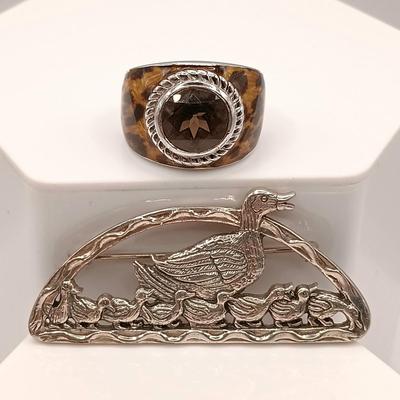 LOT 21: H&H Sterling deMatteo Duck Brooch 14.4g & Vintage 925 Sterling Ring with Enamel Overlay and Smokey Quartz Stone 9.3g Sz 7