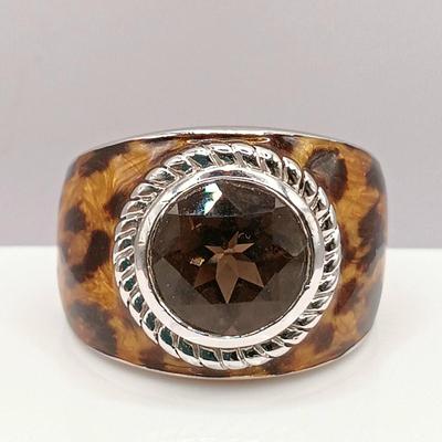 LOT 21: H&H Sterling deMatteo Duck Brooch 14.4g & Vintage 925 Sterling Ring with Enamel Overlay and Smokey Quartz Stone 9.3g Sz 7