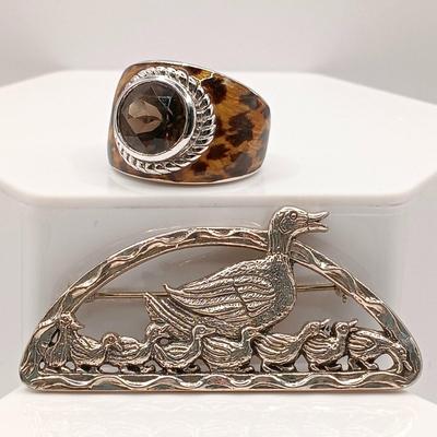 LOT 21: H&H Sterling deMatteo Duck Brooch 14.4g & Vintage 925 Sterling Ring with Enamel Overlay and Smokey Quartz Stone 9.3g Sz 7
