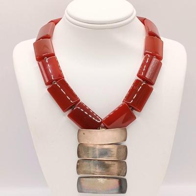 LOT 22: Vintage Sterling and Carnelian Necklace with Metalsmiths 925 Sterling Ring 17.8g Sz 7