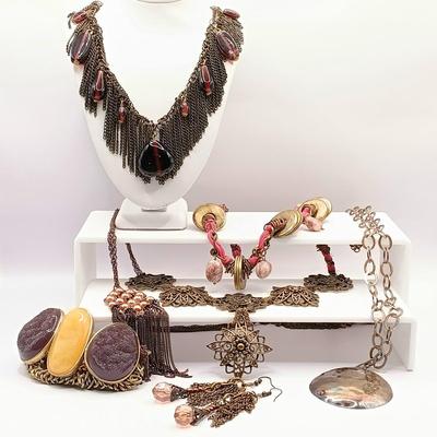 LOT 25: Feaux Pearl and Metal Tassel Necklace, Glass and Metal Fringe Necklace, Chain Necklace with 925 Clasp and Link & More