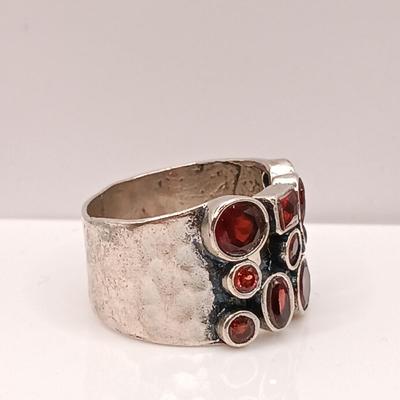 LOT 26: BH 925 Sterling Heart Ring 13.39g, 950 Flower Ring 10.73g & Israel 925 Ring with Garnet-Tone Stones 7.94g