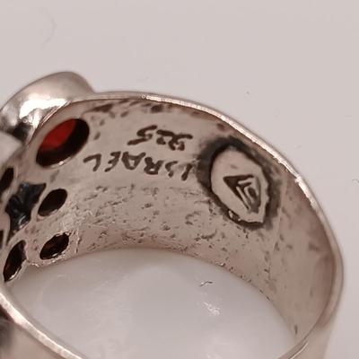 LOT 26: BH 925 Sterling Heart Ring 13.39g, 950 Flower Ring 10.73g & Israel 925 Ring with Garnet-Tone Stones 7.94g
