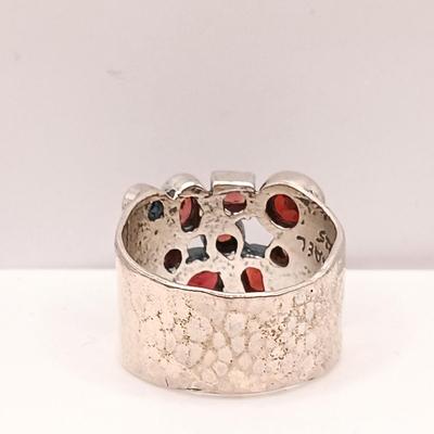 LOT 26: BH 925 Sterling Heart Ring 13.39g, 950 Flower Ring 10.73g & Israel 925 Ring with Garnet-Tone Stones 7.94g