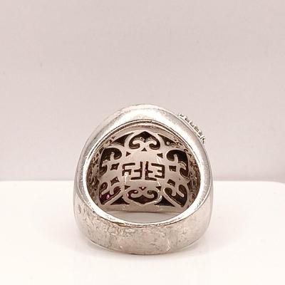 LOT 26: BH 925 Sterling Heart Ring 13.39g, 950 Flower Ring 10.73g & Israel 925 Ring with Garnet-Tone Stones 7.94g