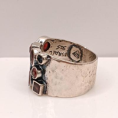 LOT 26: BH 925 Sterling Heart Ring 13.39g, 950 Flower Ring 10.73g & Israel 925 Ring with Garnet-Tone Stones 7.94g