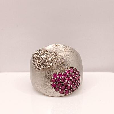 LOT 26: BH 925 Sterling Heart Ring 13.39g, 950 Flower Ring 10.73g & Israel 925 Ring with Garnet-Tone Stones 7.94g