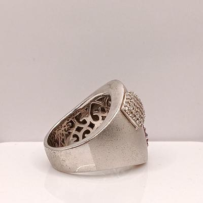 LOT 26: BH 925 Sterling Heart Ring 13.39g, 950 Flower Ring 10.73g & Israel 925 Ring with Garnet-Tone Stones 7.94g