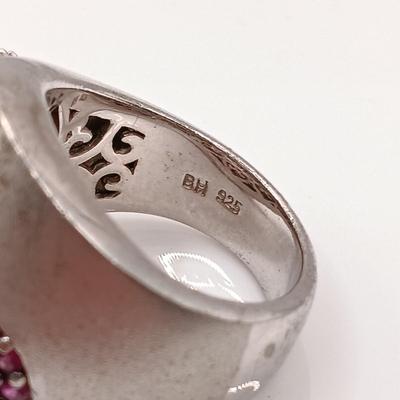 LOT 26: BH 925 Sterling Heart Ring 13.39g, 950 Flower Ring 10.73g & Israel 925 Ring with Garnet-Tone Stones 7.94g