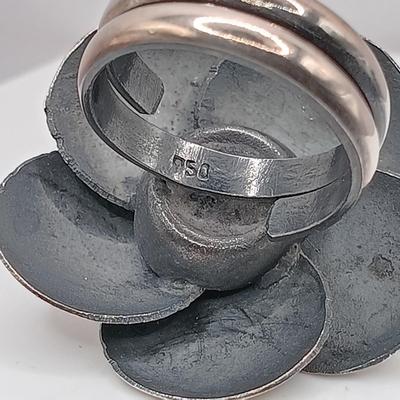 LOT 26: BH 925 Sterling Heart Ring 13.39g, 950 Flower Ring 10.73g & Israel 925 Ring with Garnet-Tone Stones 7.94g