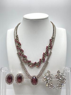LOT 33: Faceted Crystal Beads 17", Double Strand Aurora Borealis Crystal Beads 17" and Rhinestone Necklaces and Earrings