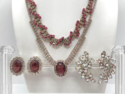 LOT 33: Faceted Crystal Beads 17", Double Strand Aurora Borealis Crystal Beads 17" and Rhinestone Necklaces and Earrings