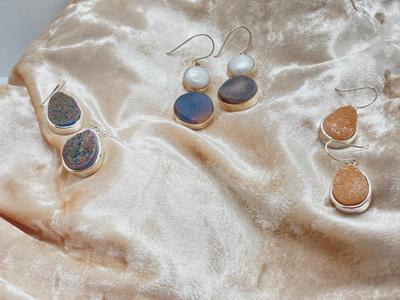 LOT 49: Three Pair of Druzy Style Pierced Earrings - (One 925 Cultured Pearl Druzy Included)