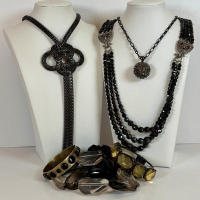 LOT 55: Alfani, 1928, Metal Knotted Mesh Necklace, Multi Strand Black Glass Beaded, Bangle & Cuff Bracelet