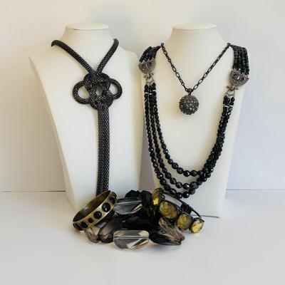 LOT 55: Alfani, 1928, Metal Knotted Mesh Necklace, Multi Strand Black Glass Beaded, Bangle & Cuff Bracelet