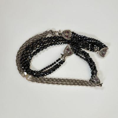 LOT 55: Alfani, 1928, Metal Knotted Mesh Necklace, Multi Strand Black Glass Beaded, Bangle & Cuff Bracelet