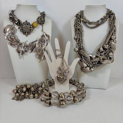 LOT 56: Betsy Johnson Bejeweled Statement Necklace along with Silvertone Staement Necklaces