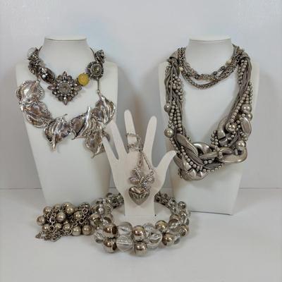 LOT 56: Betsy Johnson Bejeweled Statement Necklace along with Silvertone Staement Necklaces