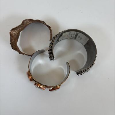 LOT 57: Chunky Style Cuff Bracelets: Tri-Color Freshwater Pearl, Silvertone Arm Cuff, Bejeweled Cuffs & More