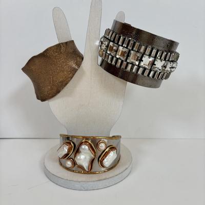 LOT 57: Chunky Style Cuff Bracelets: Tri-Color Freshwater Pearl, Silvertone Arm Cuff, Bejeweled Cuffs & More
